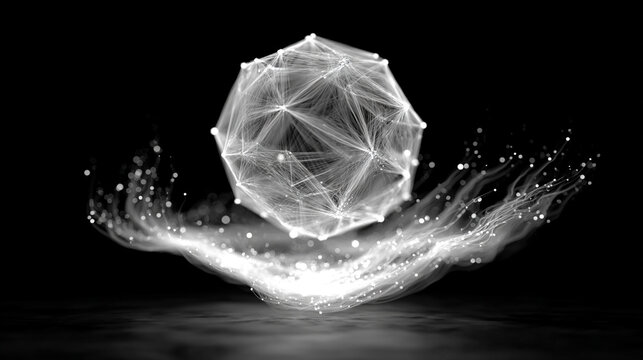 Floating polygon mesh emitting particle trails dynamic abstract digital art glowing geometric shapes in motion futuristic and immersive visualization of technology energy and network - Powered by Adobe