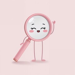Fototapeta premium Happy pink magnifying glass character waving on a light pink