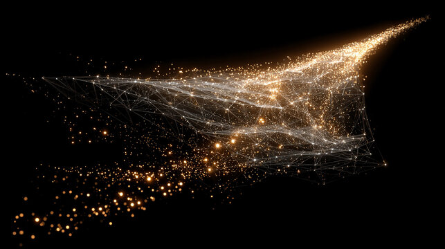 Floating polygon mesh emitting particle trails dynamic abstract digital art glowing geometric shapes in motion futuristic and immersive visualization of technology energy and network