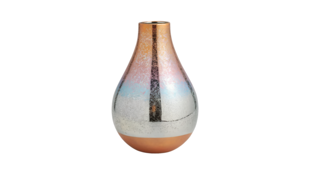 Elegant teardrop vase with iridescent finish offers a modern touch, perfect for showcasing flowers or as a decorative accent in a stylish interior design isolated on white or transparent png.