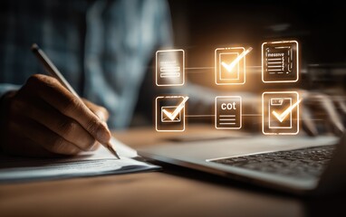 Corporate businessman reviewing digital compliance documents on laptop for governance and cybersecurity in a corporate environment