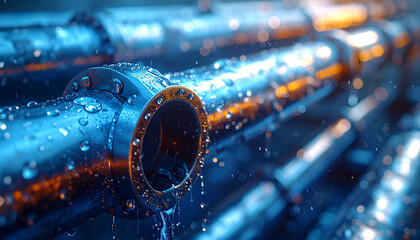 Industrial pipes with water droplets: A close-up shot of industrial pipes adorned with glistening water droplets, showcasing the intersection of technology and the environment.