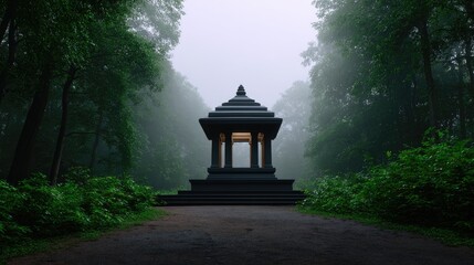 Obraz premium Serene Misty Landscape Featuring a Majestic Temple Surrounded by Lush Greenery in a Foggy Forest Setting