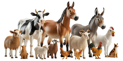 Fototapeta premium Collection of farm animal figurines including cows horses sheep goats chickens and dogs isolated on transparent background