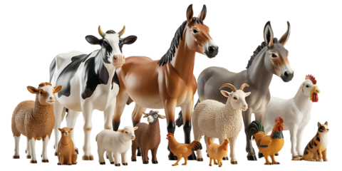 Collection of farm animal figurines including cows horses sheep goats chickens and dogs isolated on transparent background