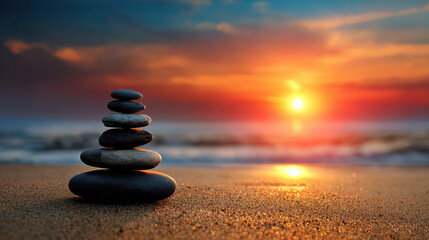 Balanced zen stone stack on calm sandy beach. beautiful sunset over ocean creating feeling of harmony, peace, and tranquility