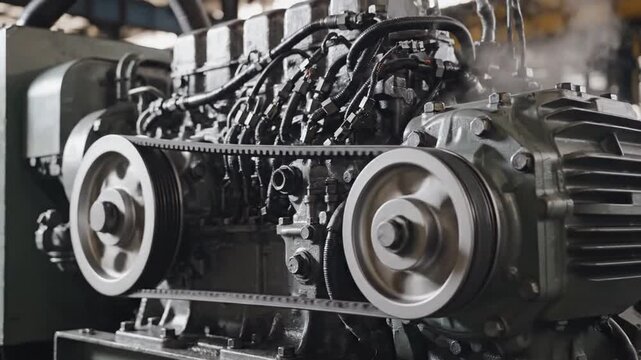 P84-Belt drive of Diesel engine electric generator. Close up car timing belt. Belt transmission close up_4K_10s 29815926 1