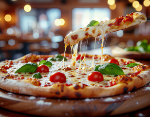 
Authentic Italian Margherita Pizza with Fresh Mozzarella, Ripe Tomatoes, and Green Basil Leaves on Rustic Wooden Table &ndash; Perfect for Restaurant Menu, Food Photography, and Culinary Advertising
