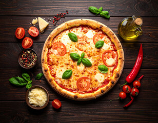 
Authentic Italian Margherita Pizza with Fresh Mozzarella, Ripe Tomatoes, and Green Basil Leaves on Rustic Wooden Table &ndash; Perfect for Restaurant Menu, Food Photography, and Culinary Advertising
