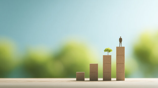 Aspirational businessman silhouette standing block chart. concept for business growth, career progress, and success with sustainable development
