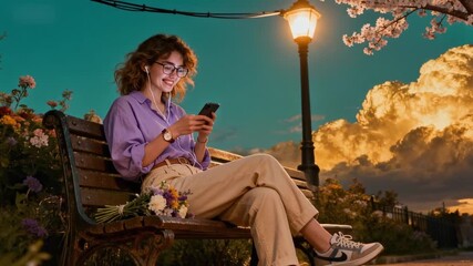 A young woman sits peacefully on a park bench surrounded by blooming flowers, listening to music and scrolling through her smartphone. Warm golden sunset clouds illuminate the sky while a vintage stre - Powered by Adobe