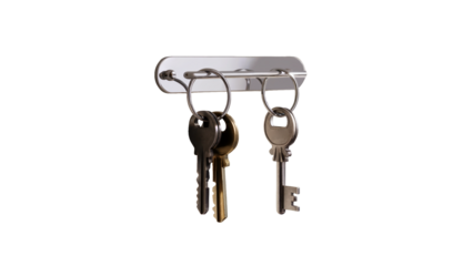 Elegant key rack holding essential keys, perfect for home organization and access, a symbol of security, safety, and entry, ideal for real estate isolated on white or transparent png.