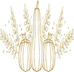 Three harvest pumpkins and gourds with delicate foliage ornament for autumn season celebration