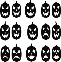 Twelve dark jack-o'-lanterns displaying various carved faces and shadowy forms against a black background