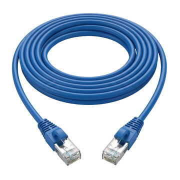 Blue Ethernet cable with connectors, coiled, ready for network connectivity, isolated on white background.
