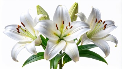 Fototapeta premium Elegant white lilies in full bloom with vibrant green foliage against a white backdrop
