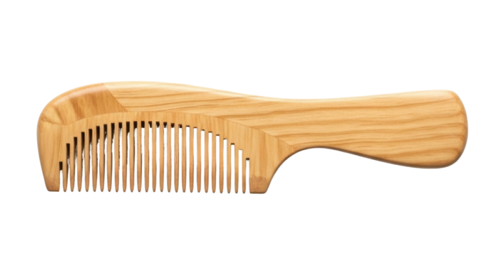 Wooden comb with a handle, designed for grooming and detangling hair, showing fine teeth.