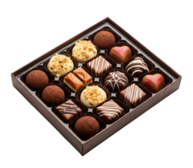 A square box filled with various delicious chocolates, arranged in an appealing pattern.