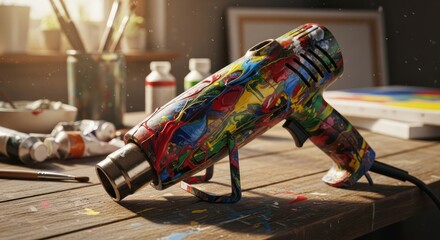 Artistic tool immersed in a vibrant spectrum of colors surrounded by art supplies