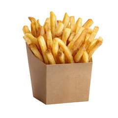 Enjoy crispy golden french fries in a cardboard container for a fast food treat