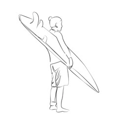 One continuous line drawing on white isolated background. Minimalism linear illustration. sport, surfer, woman, girl, surf, ocean, vacation, person, wave, surfboard