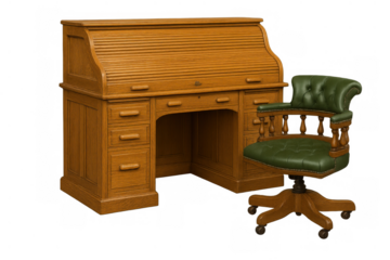 Rolltop desk and green leather swivel chair, vintage office furniture set on transparent background