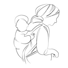 One continuous line drawing on white isolated background. Minimalism linear illustration. children, woman, mother, person, family, african, baby, back, lifestyle, nature