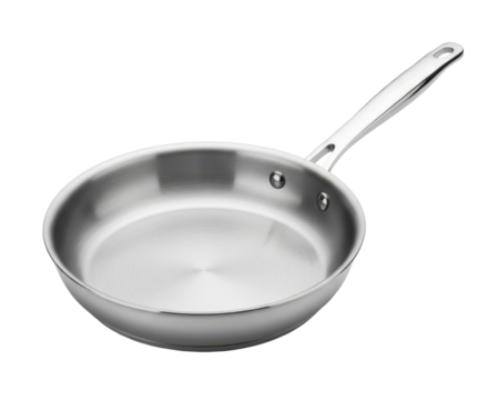 Stainless steel frying pan with a long handle, perfect for cooking various dishes.
