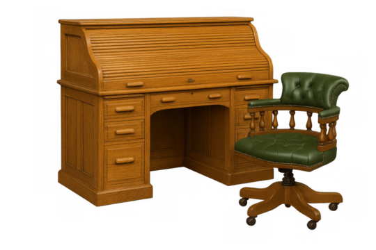 Rolltop desk and green leather swivel chair, vintage office furniture set on transparent background