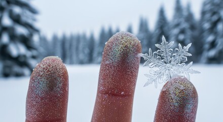 Delicate snowflake resting on fingertips amid a tranquil snow-covered forest backdrop