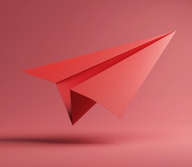 Red paper airplane soaring on soft pink background in isometric 3D clay render style, minimalist design with no shadow for uiux design, icon creation, and modern branding concepts.