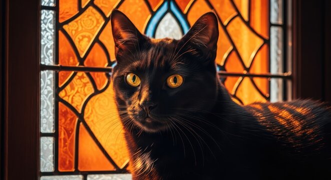 Elegant black cat portrait contrasting with vibrant stained glass window artwork - Powered by Adobe