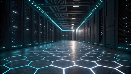 Futuristic sci-fi hallway with neon hexagonal floor