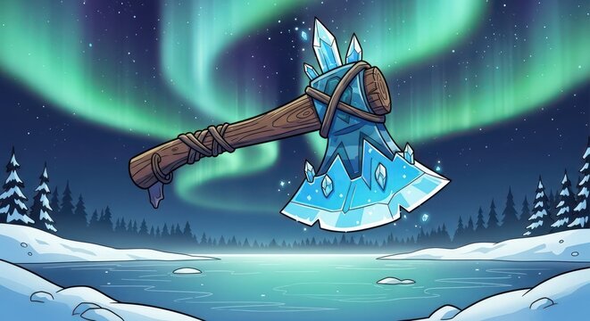 Enchanted ice axe under aurora borealis digital painting fantasy adventure tool