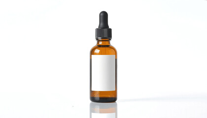 amber glass essential oil bottle with dropper cap, soft light reflections, minimal spa aesthetic, clean label space, isolated on transparent background.
