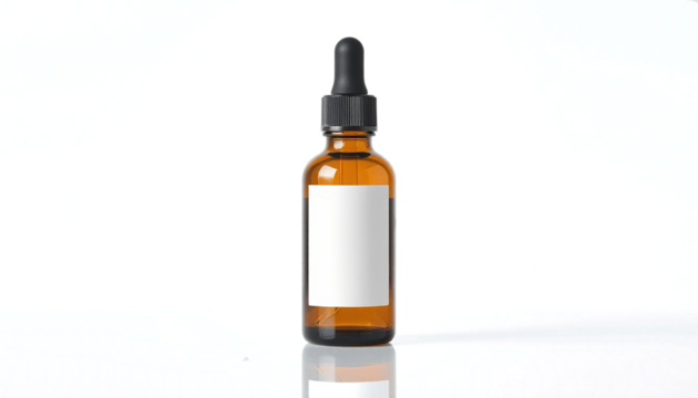 amber glass essential oil bottle with dropper cap, soft light reflections, minimal spa aesthetic, clean label space, isolated on transparent background.
