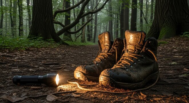 Forest expedition gear: weathered boots illuminated by flashlight in a misty wood