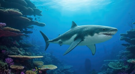 Great white shark gracefully swims near vibrant coral reefs in the ocean depths