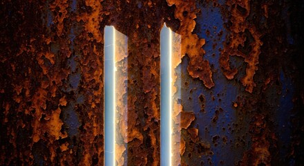 Illuminated structural contrasts: Oxidized texture juxtaposed with glowing linear forms