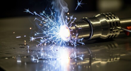 Intense welding spark bursts illuminate dark industrial steel fabrication scene