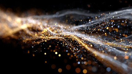 Dynamic visualization of glowing digital particles flowing in stream like data transmission futuristic concept of technology information transfer and abstract digital network design