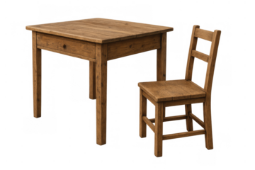 Solid wooden table and dining chair set creating rustic aesthetic, isolated for home and restaurant furniture concepts