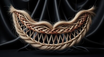 Intricate hair art creation a whimsical smile woven with strands on draped fabric