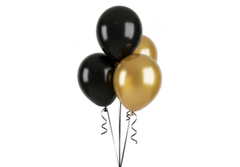 Black and gold balloons cluster isolated on a transparent background metallic