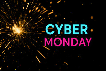 Cyber Monday sales banner featuring dark background, bold text, and glittering gold fireworks with copy space for extra details