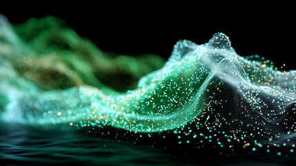 Dynamic visualization of glowing digital particles flowing in stream like data transmission futuristic concept of technology information transfer and abstract digital network design