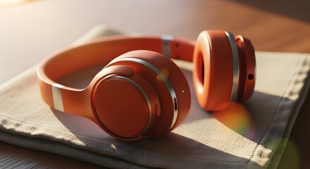 Vibrant orange headphones rest on a textured cloth, bathed in warm, inviting sunlight creating a modern, relaxing ambiance perfect for audio enthusiasts and tech lovers seeking immersive sound.