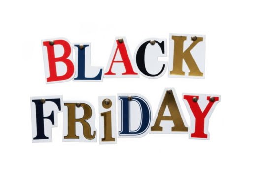 Black Friday letters with red blue gold accents isolated on a transparent background