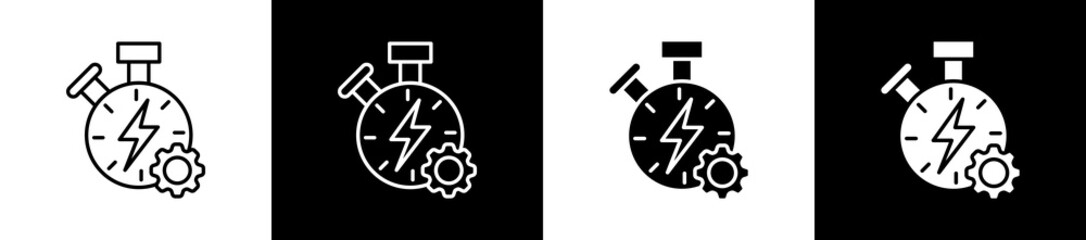 Timing icon set in line and glyph style on black and white background
