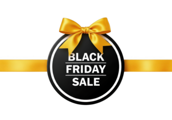 Black Friday Sale Round Badge with Yellow Ribbon isolated on transparent background